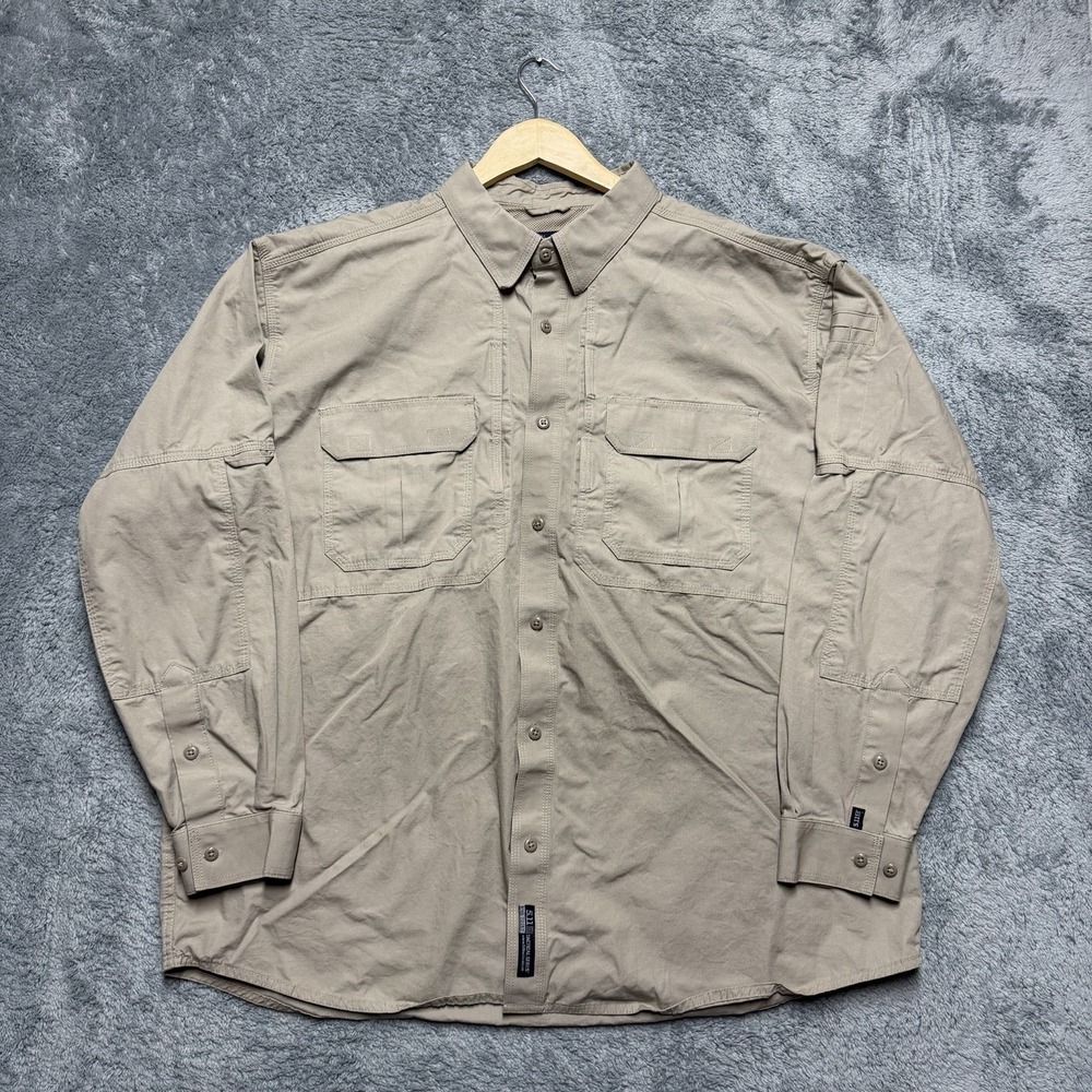 5.11 Tactical Shirt Mens 2XL Beige Concealed Carry Pockets Utility Vented Cotton